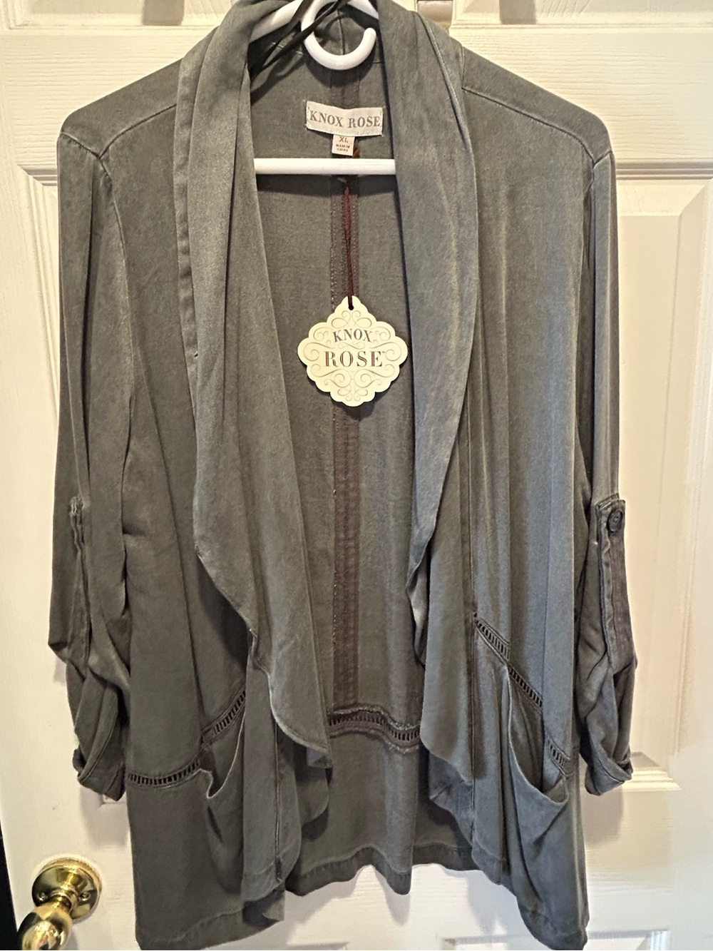 Knox Rose Slate Gray Draped Open-Front Cardigan Jacket. XL